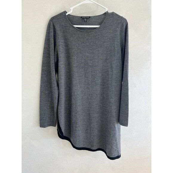 Eileen Fisher Gray Black 100% Merino Wool Long Sleeve Tunic Sweater Small Slit - Picture 1 of 5